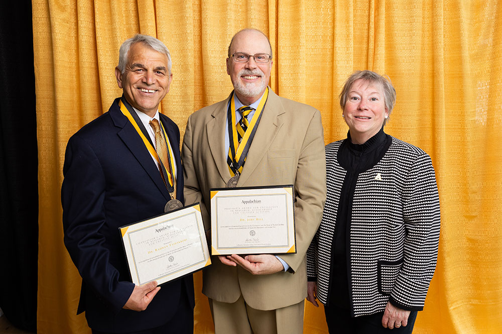 Dr. Rahman Tashakkori, Dr. Joby Bell and App State Executive Vice Chancellor and Provost Dr. Neva J. Specht.  Photo by Chase Reynolds